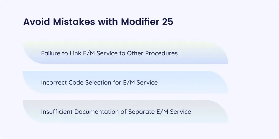Infographic: Avoid Modifier 25 mistakes - unlinked E/M services, incorrect coding, poor documentation