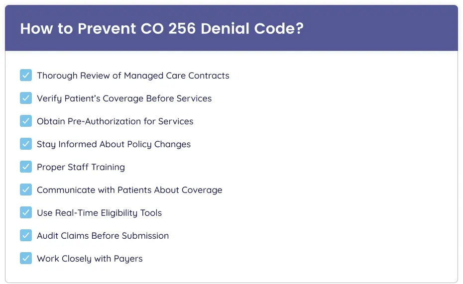 Infographic listing effective strategies to prevent CO 256 denial code in medical billing
