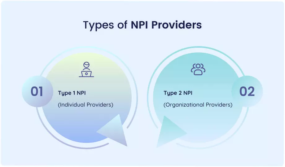 Infographic showing the two types of NPI providers: Type 1 for Individual Providers and Type 2 for Organizational Providers.