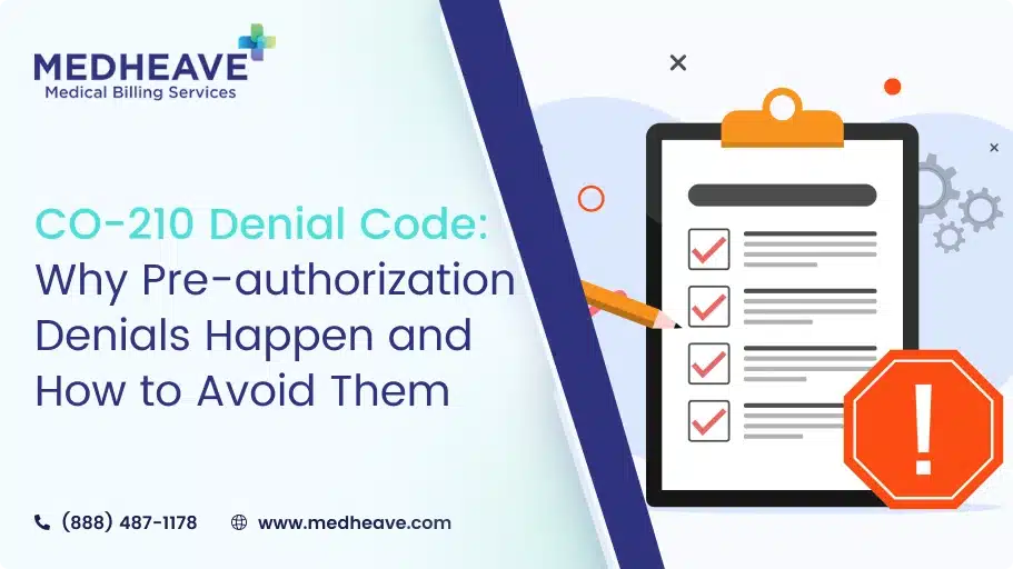 Medical billing specialist reviewing CO-210 denial code report on computer to prevent pre-authorization claim denials