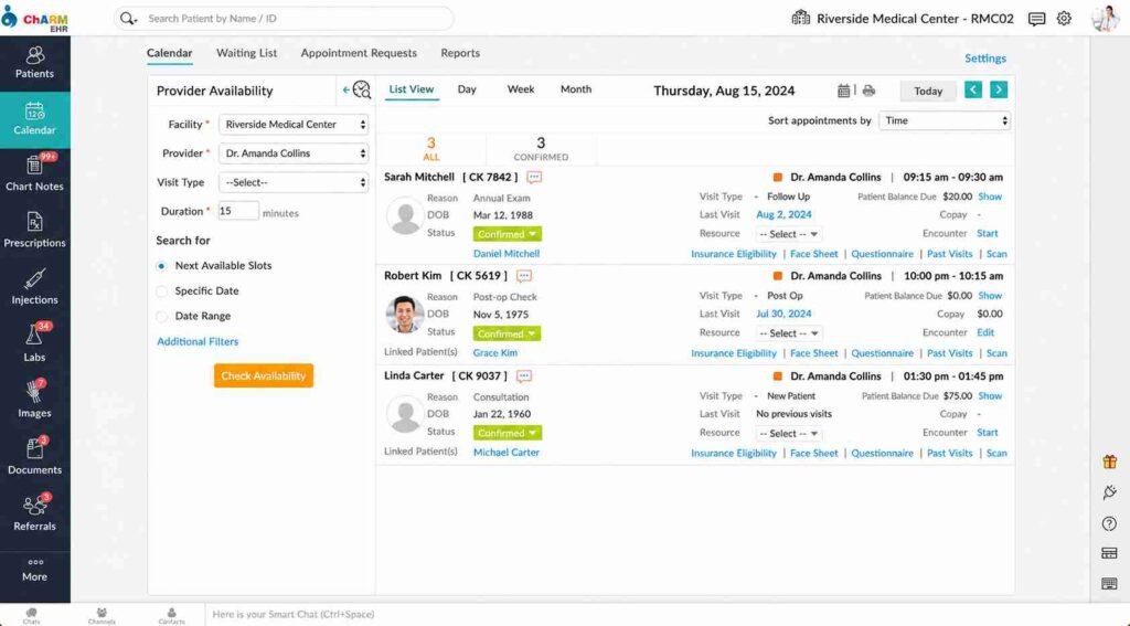 Charm EHR appointment dashboard