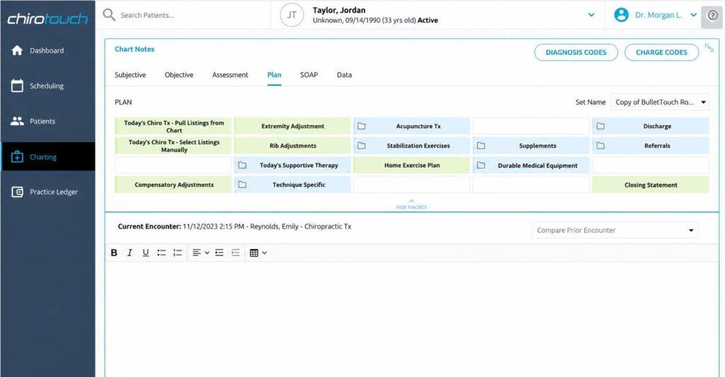 ChiroTouch charting interface with treatment macros
