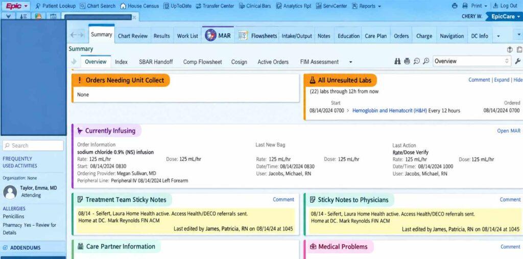 Epic EHR clinical summary dashboard