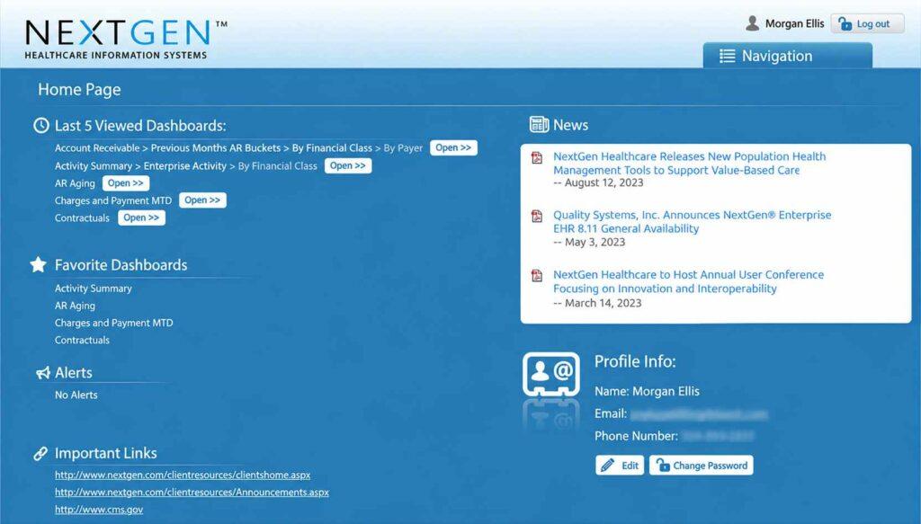 NextGen Enterprise Dashboard Home Screen