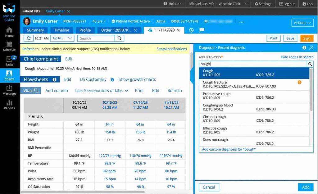 Practice Fusion EMR flowsheet dashboard