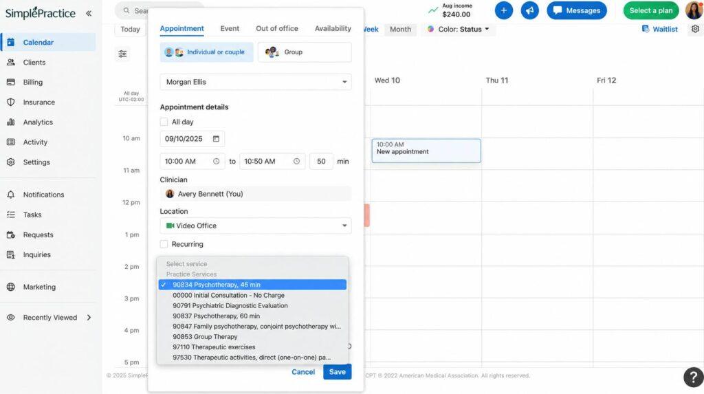 SimplePractice appointment scheduling screen